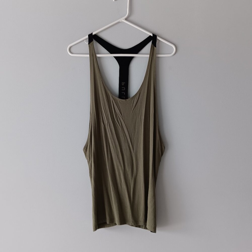 Pullin Tank Top Fitness Open Back Relaxed Fit Low Cut Army Green Black Medium